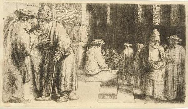 Jews In The Synagogue (b., Holl. 126; H. 234) Oil Painting by Rembrandt Van Rijn