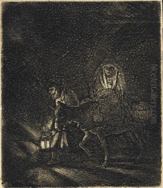 The Flight Into Egypt: A Night Piece (b., Holl. 53; H. 253) Oil Painting by Rembrandt Van Rijn