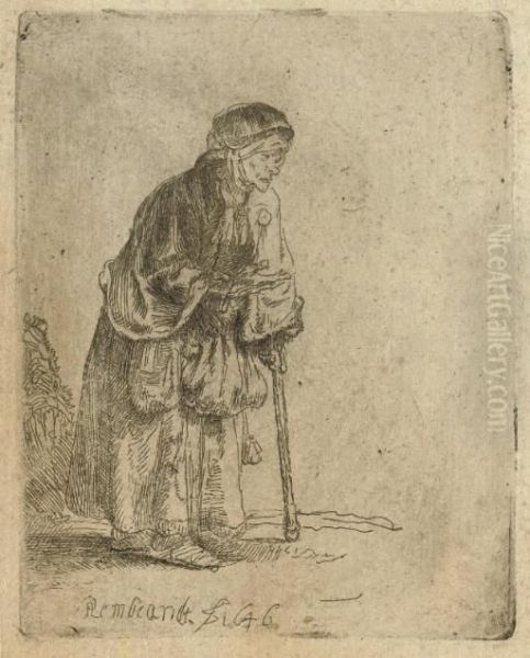 A Beggar Woman Leaning On A Stick (b., Holl. 170; H. 219) Oil Painting by Rembrandt Van Rijn