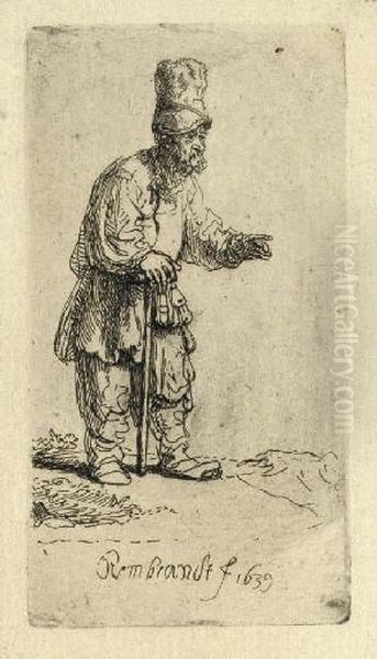 A Peasant In A High Cap, Standing Leaning On A Stick (b., Holl. 133; H. 164) Oil Painting by Rembrandt Van Rijn