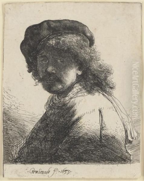 Self-portrait In A Cap And Scarf With The Face Dark: Bust (b., Holl. 17; H. 108) Oil Painting by Rembrandt Van Rijn