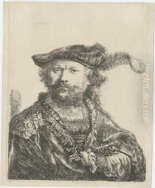 Self-portrait In A Velvet Cap With Plume (b. Holl. 20; H. 20) Oil Painting by Rembrandt Van Rijn