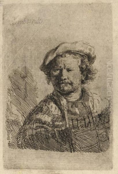 Self-portrait In A Flat Cap And Embroidered Dress Oil Painting by Rembrandt Van Rijn