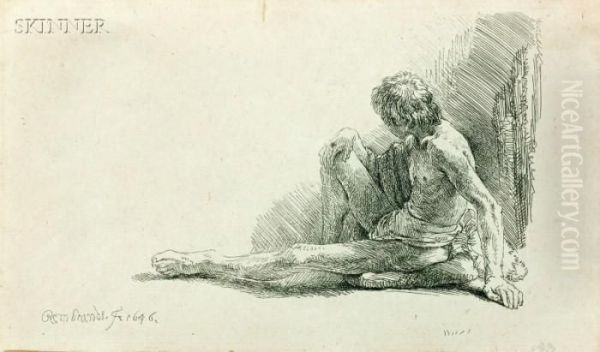 Nude Man Seated On The Ground Oil Painting by Rembrandt Van Rijn