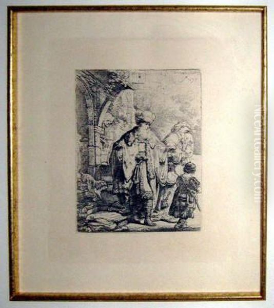 'figures At A Stairway', Engraving, 17cm X 14cm, Framed Oil Painting by Rembrandt Van Rijn