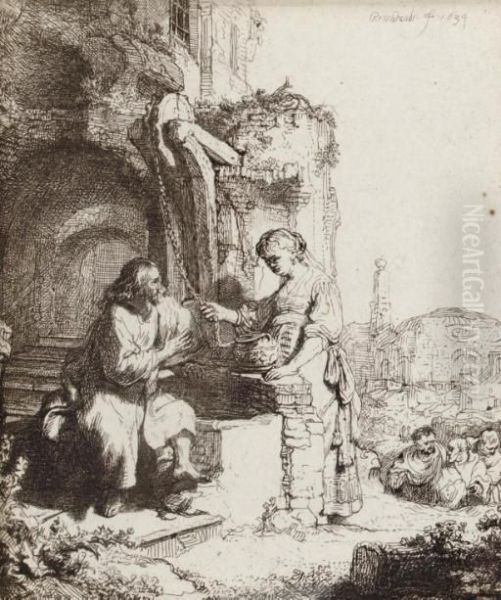 Christ And The Woman Of Samaria Among Ruins (bartsch, Hollstein 71; Hind 122) Oil Painting by Rembrandt Van Rijn