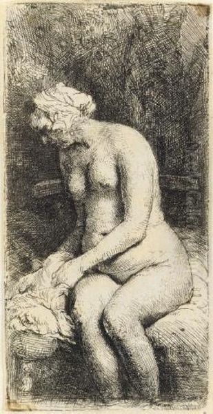 Woman Bathing Her Feet At A Brook (b., Holl. 200; H. 298) Oil Painting by Rembrandt Van Rijn