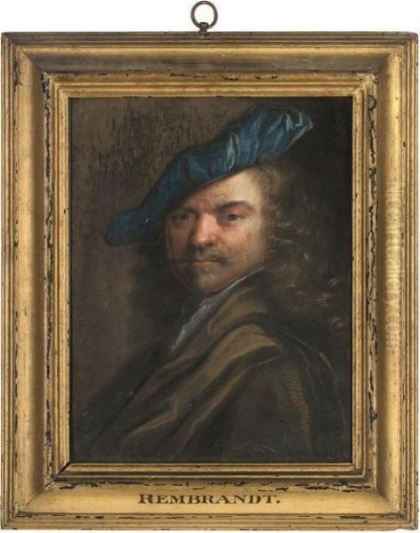 Portrait Of A Gentleman, Bust-length, In A Blue Hat And Maroon Wrap Oil Painting by Rembrandt Van Rijn