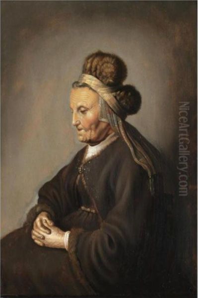 Portrait Of A Seated Lady, 
Three-quarter-length, Wearing A Brown Cloak And A Fur Headdress, 
Probably Rembrandt's Mother Oil Painting by Rembrandt Van Rijn