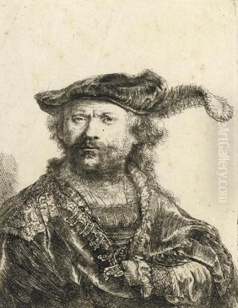 Self-portrait In A Velvet Cap With Plume (b., Holl. 20; H. 156) Oil Painting by Rembrandt Van Rijn