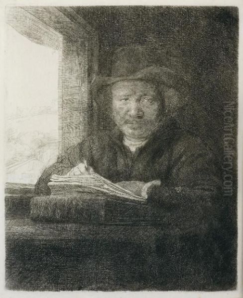 Self-portrait Drawing At A Window (b., Holl. 22; H. 229) Oil Painting by Rembrandt Van Rijn