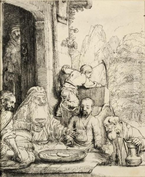 Abraham Entertaining The Angels (b., Holl. 29; H. 286) Oil Painting by Rembrandt Van Rijn