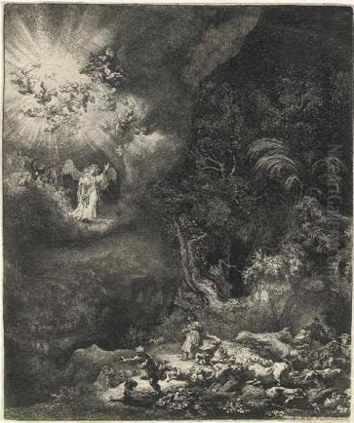 The Angel Appearing To The Shepherds (b., Holl. 44; H. 120) Oil Painting by Rembrandt Van Rijn