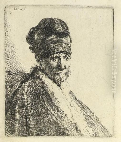 Bust Of A Man Wearing A High Cap: (the Artists Father ?) (b., Holl. 321; H. 22) Oil Painting by Rembrandt Van Rijn