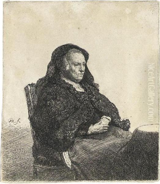 The Artist's Mother Seated At A Table, Looking Right (b., Holl. 343; H. 52) Oil Painting by Rembrandt Van Rijn