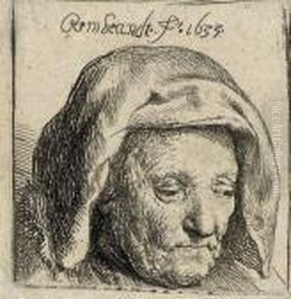 The Artist's Mother In A Cloth 
Headdress, Looking Down: Head Only (b., Holl. 351; H. 107) Oil Painting by Rembrandt Van Rijn