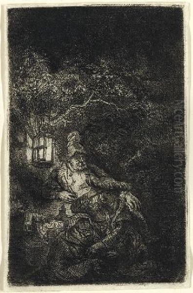 The Rest On The Flight Into Egypt: A Night Piece (b., Holl. 57; H. 208) Oil Painting by Rembrandt Van Rijn