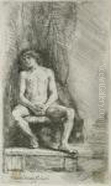 Nude Man Seated Before A Curtain Oil Painting by Rembrandt Van Rijn