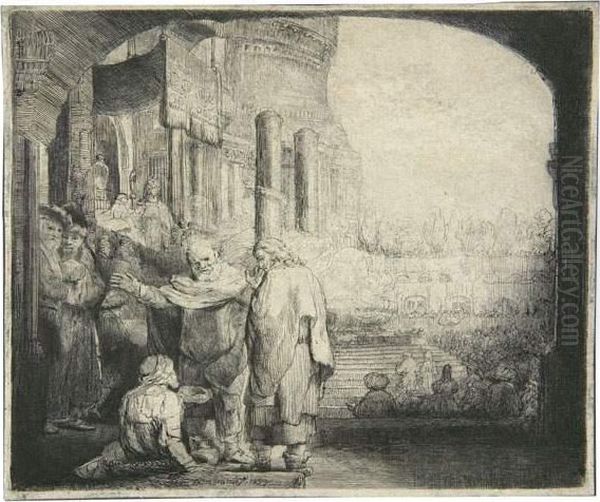 Petrus Und Johannes An Der Pforte Des Tempels. Querblatt. Oil Painting by Rembrandt Van Rijn