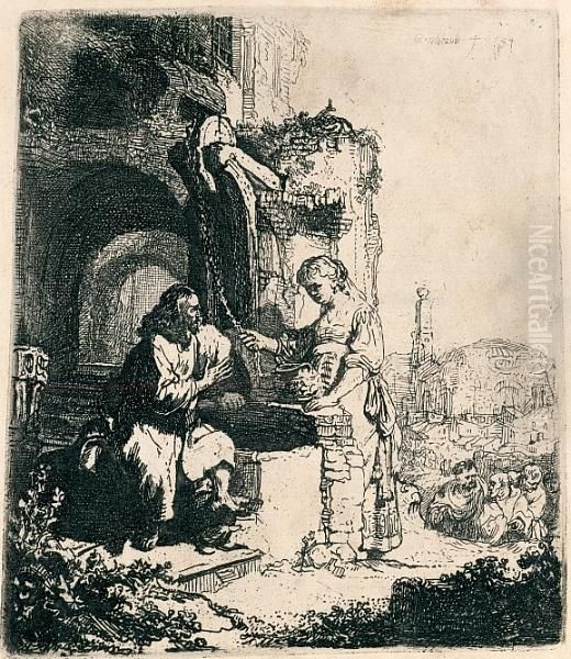 Christ And The Woman Of Samaria: Among Ruins Oil Painting by Rembrandt Van Rijn