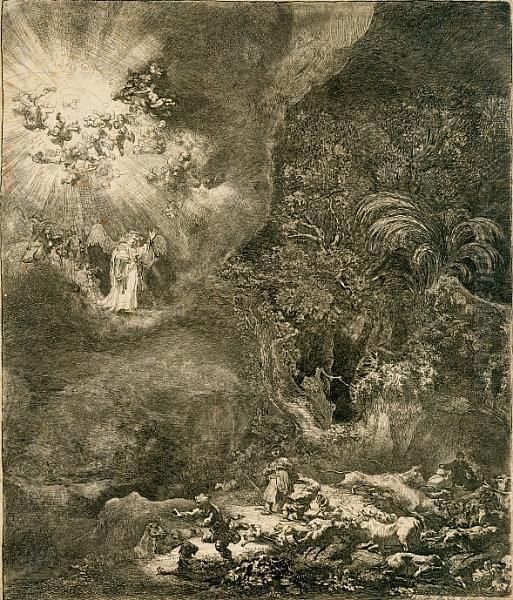 The Angel Appearing To The Shepherds Oil Painting by Rembrandt Van Rijn