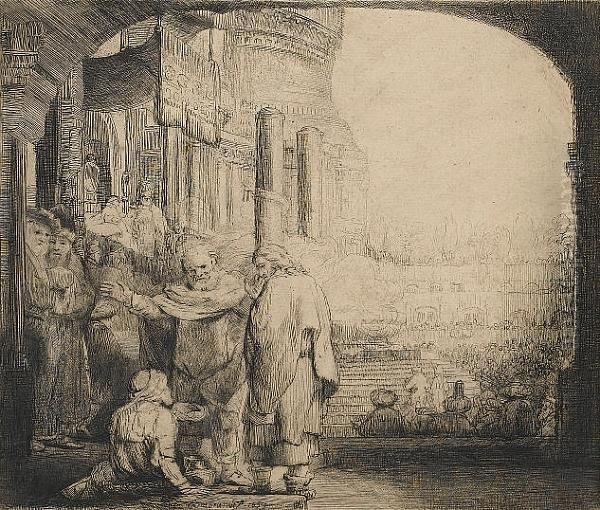 Peter And John Healing The Cripple At The Gate Of The Temple (bartsch 94) Oil Painting by Rembrandt Van Rijn