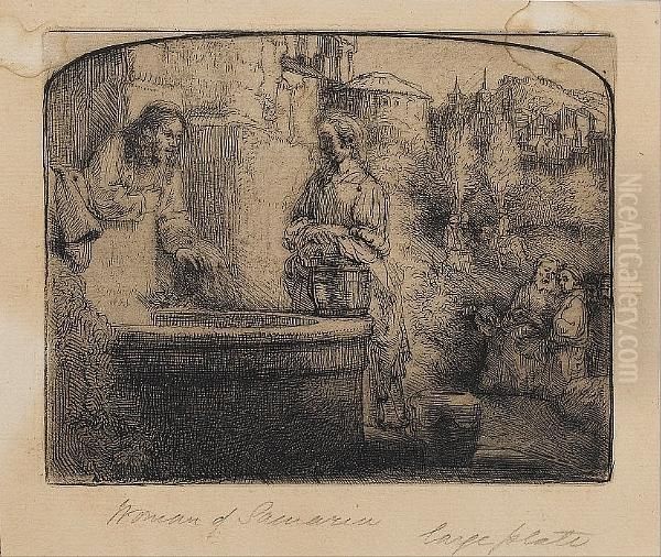 Christ And The Woman Of Samaria:an Arched Plate (bartsch 70) Oil Painting by Rembrandt Van Rijn