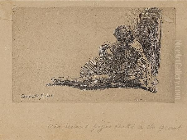 Nude Man Seated On The Ground With One Leg Extended (bartsch 196) Oil Painting by Rembrandt Van Rijn