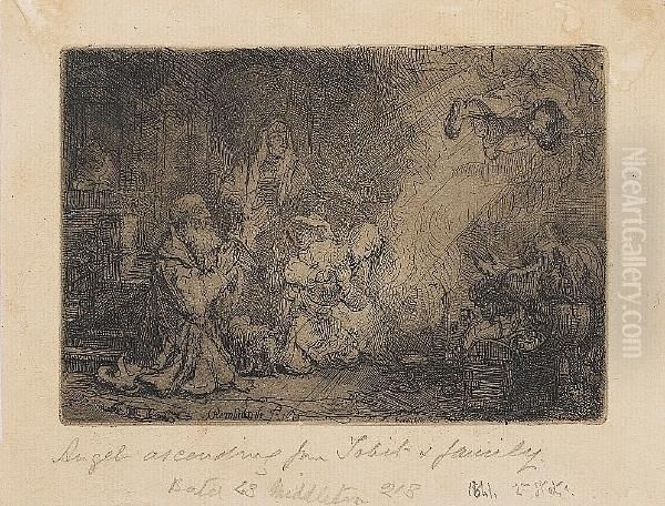 The Angel Departing From The Family Of Tobias (bartsch 43) Oil Painting by Rembrandt Van Rijn