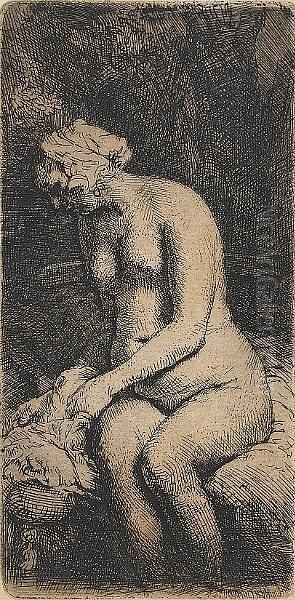 Woman Bathing Her Feet At A Brook (bartsch 200) Oil Painting by Rembrandt Van Rijn