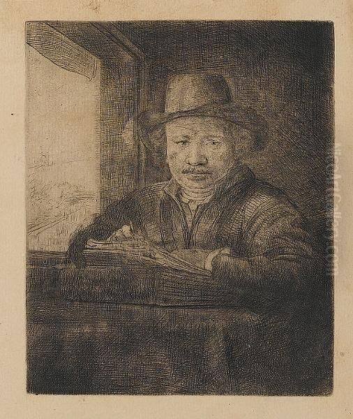 Self Portrait Drawing At A Window Oil Painting by Rembrandt Van Rijn