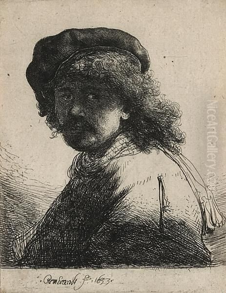 Self-portrait In A Cap And Scarf With The Face Dark: Bust Oil Painting by Rembrandt Van Rijn