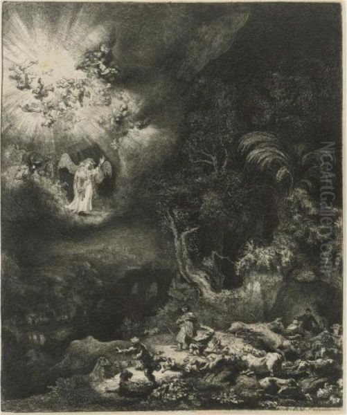 The Angel Appearing To The Shepherds (b., Holl. 44; H. 120; Bb. 34-j) Oil Painting by Rembrandt Van Rijn