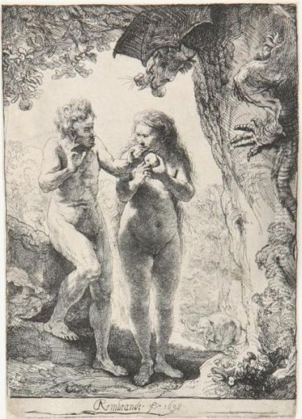 Adam And Eve (bartsch, Hollstein 28; Hind 159; Biorklund 38-d) Oil Painting by Rembrandt Van Rijn