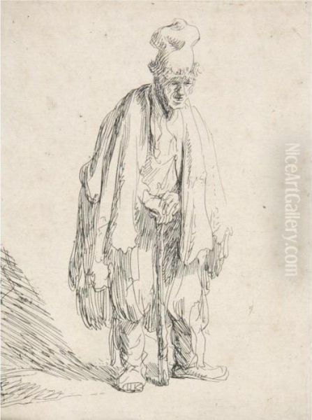 Beggar In A High Cap, Standing And Leaning On A Stick (b., Holl. 162; H. 15; Bb. 31-1) Oil Painting by Rembrandt Van Rijn