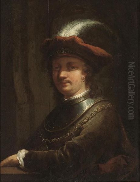 Portrait Of The Artist, 
Half-length, In A Brown Velvet Coat With Breast-plate And A Red Plumed 
Hat Oil Painting by Rembrandt Van Rijn