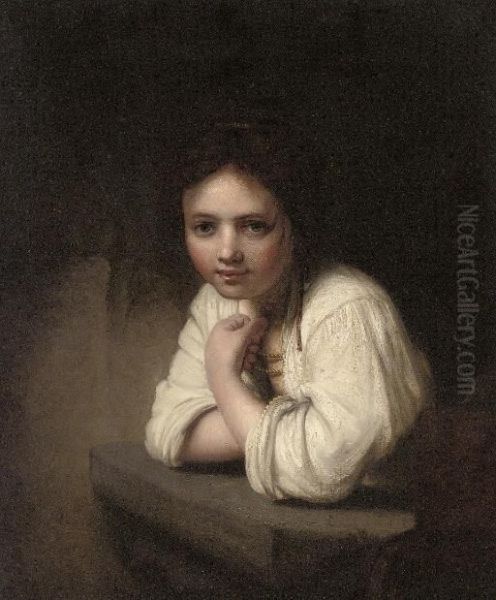 Portrait Of A Girl Leaning On A Stone Ledge Oil Painting by Rembrandt Van Rijn