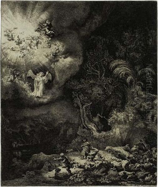 The Angel Appearing To The Shepherds Oil Painting by Rembrandt Van Rijn