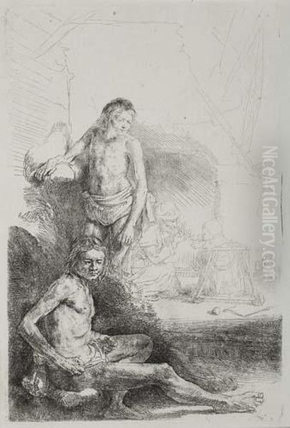 Nude Man Seated And Another Standing With A Woman And A Baby Oil Painting by Rembrandt Van Rijn