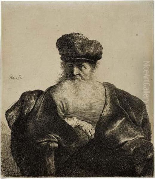 Old Man With A Beard, Fur Cap And Velvet Cloak Oil Painting by Rembrandt Van Rijn