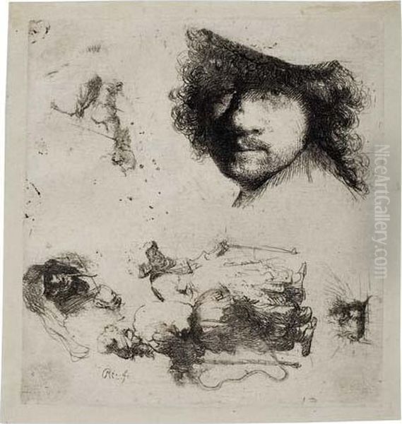 Sheet Of Studies: Head Of The Artist, A Beggar Couple Oil Painting by Rembrandt Van Rijn