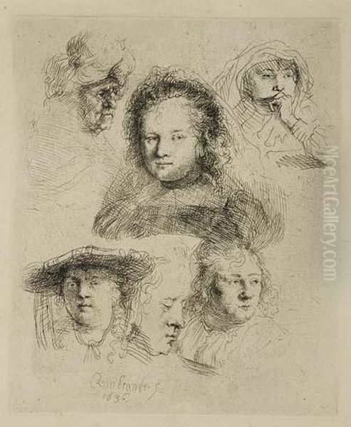 Sheet Of Studies: Head Of Saskia And Others Oil Painting by Rembrandt Van Rijn