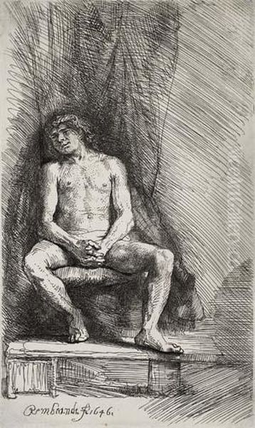 Nude Man Seated Before A Curtain Oil Painting by Rembrandt Van Rijn