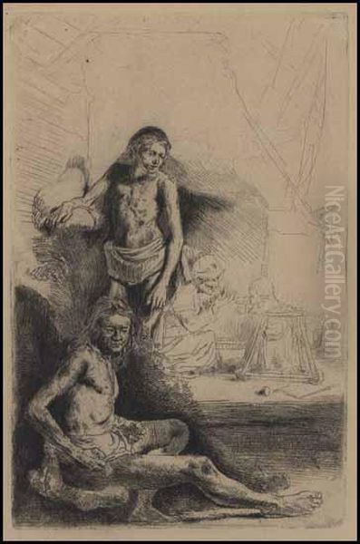 Nude Man Seated And Another Standing With A Woman And A Baby Oil Painting by Rembrandt Van Rijn