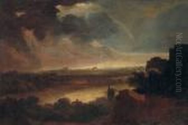 An Extensive Stormy Landscape With A Coastal Inlet Beyond Oil Painting by Rembrandt Van Rijn