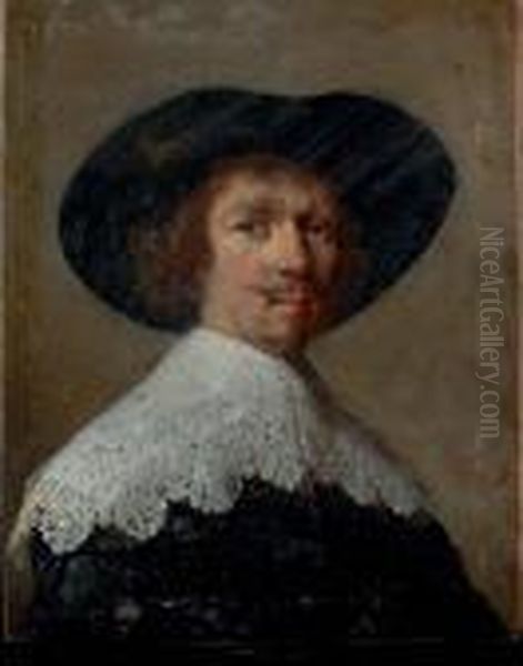 Portrait Of A Gentleman, Bust-length, In A Black Coat With Lace Collar And Black Hat Oil Painting by Rembrandt Van Rijn