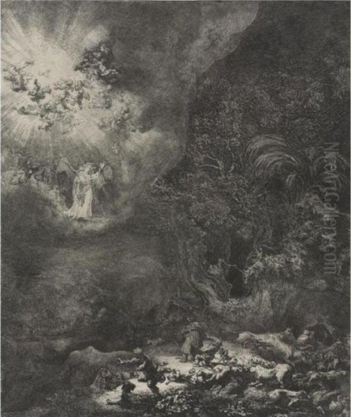 The Angel Appearing To The Shepherds (b., Holl. 44; H. 120; Bb.34-j) Oil Painting by Rembrandt Van Rijn