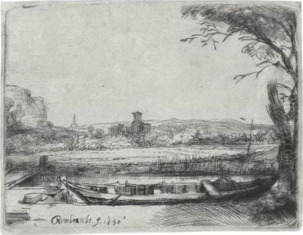 Canal With A Large Boat And Bridge (b., Holl. 236; H. 239; Bb. 50-b) Oil Painting by Rembrandt Van Rijn