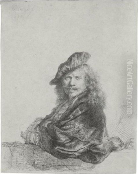 Self Portrait Leaning On A Stone Sill (b., Holl. 21; H. 168; Bb. 39-e) Oil Painting by Rembrandt Van Rijn