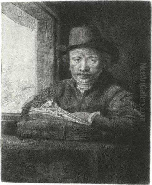 Self Portrait Drawing At A Window (b., Holl. 22; H. 229; Bb. 48-a) Oil Painting by Rembrandt Van Rijn